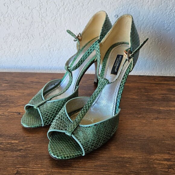Dolce & Gabbana Vintage Snakeskin Green Metallic Stiletto Heels Sandals 37.5/7.5 - Picture 1 of 10